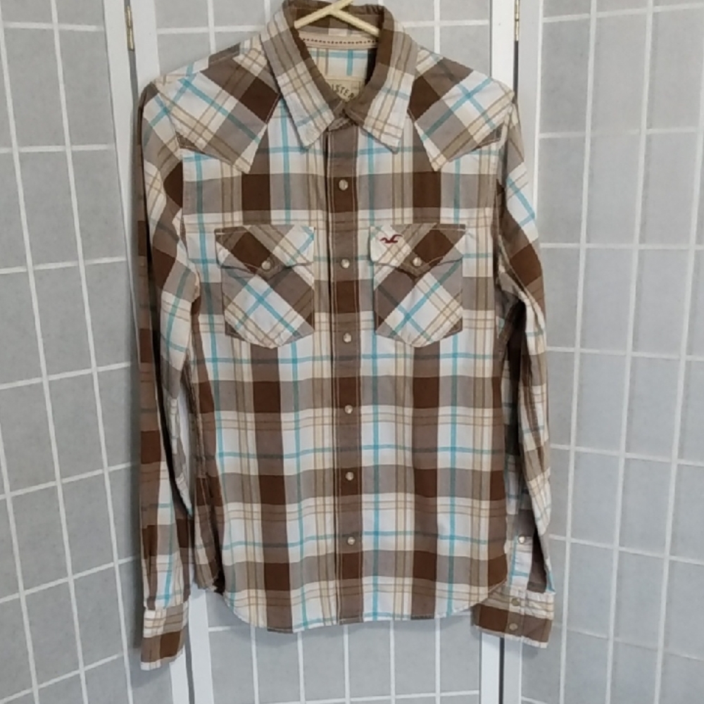 Hollister Plaid Western Snap Button Long Sleeve Shirt Men's Brown Blue White - Picture 1 of 15